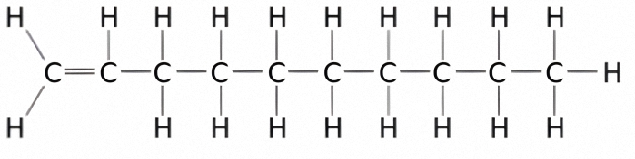 A diagram of a 1-Decene Alpha-Olefin, which contains a chain of ten carbon atoms with one double bond. It is the most commonly used alpha-olefin for lubricant base stocks.