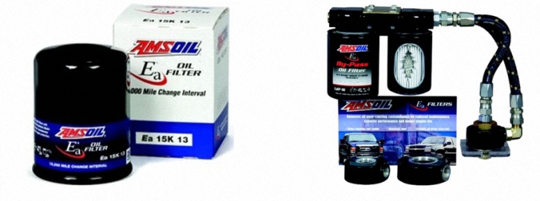 a picture of an AMSOIL oil filter and a bi-pass oil filter