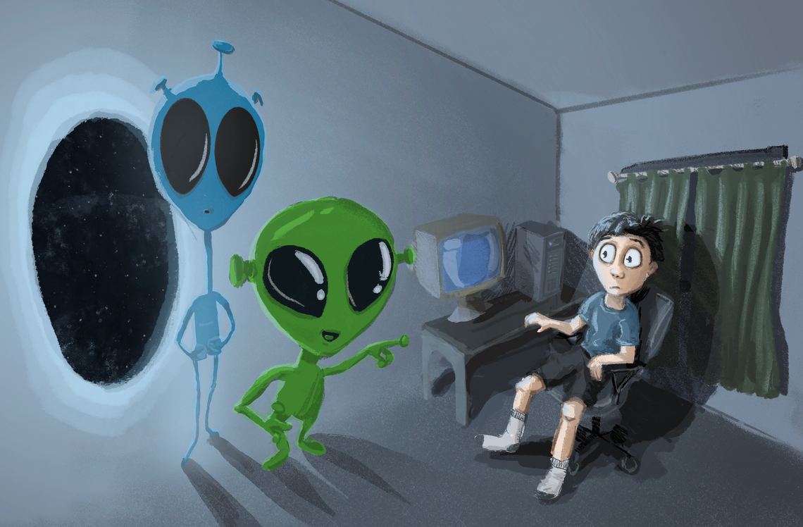 Hand-painted technology scene with two alien figures beside a glowing portal and a seated computer user.