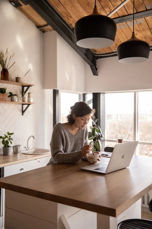 une femme prenant son petit déjeuner devant son ordinateur 