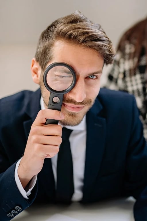 un homme habillé en costard avec une loupe en gros plan