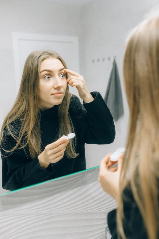 une jeune femme en train de mettre ses lentilles de contact