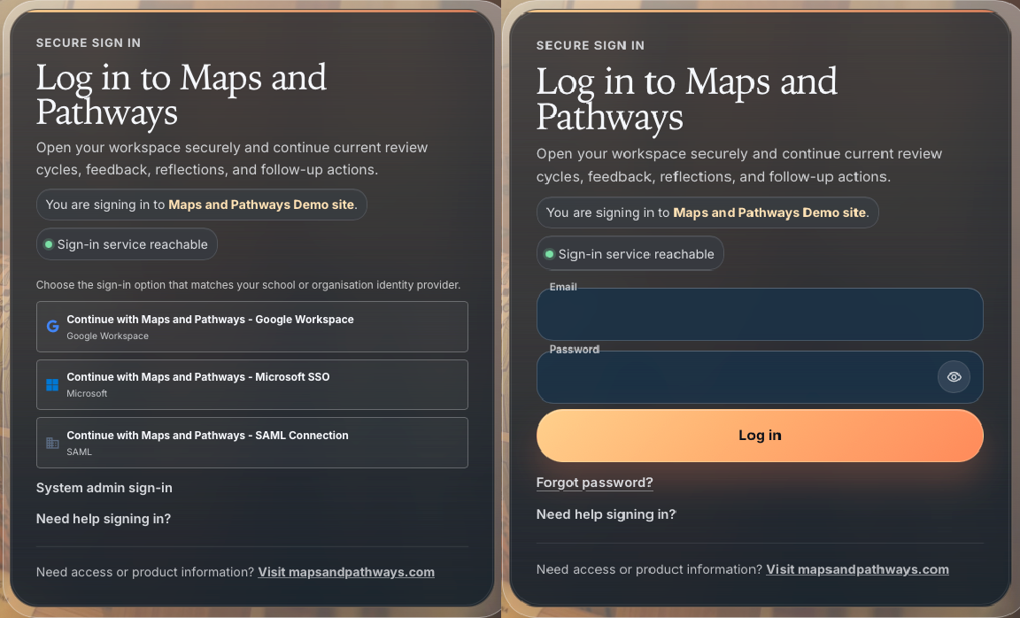 Maps and Pathways sign-in screen showing available sign-in options including Google, Microsoft, SAML