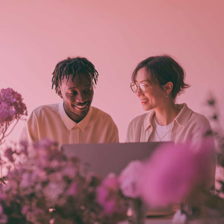 Two colleagues reviewing feedback together on a laptop in a relaxed setting.