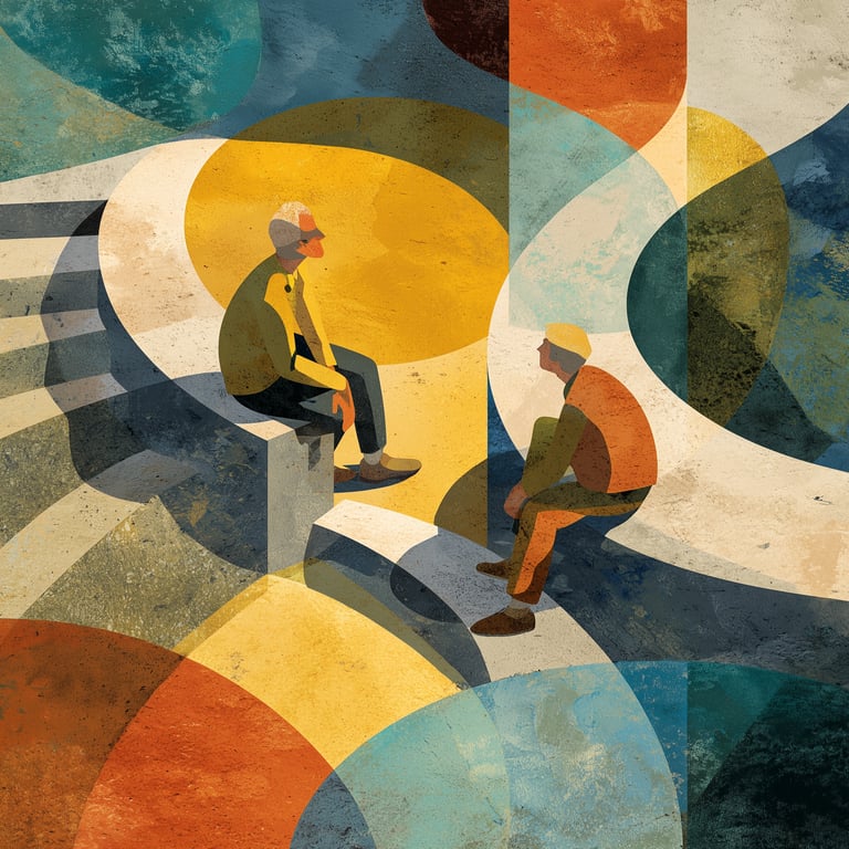 Editorial illustration of two colleagues in reflective conversation with a pathway motif representing ongoing professional growth.