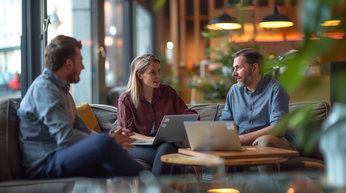 Three colleagues having an informal conversation while working together in a relaxed setting.