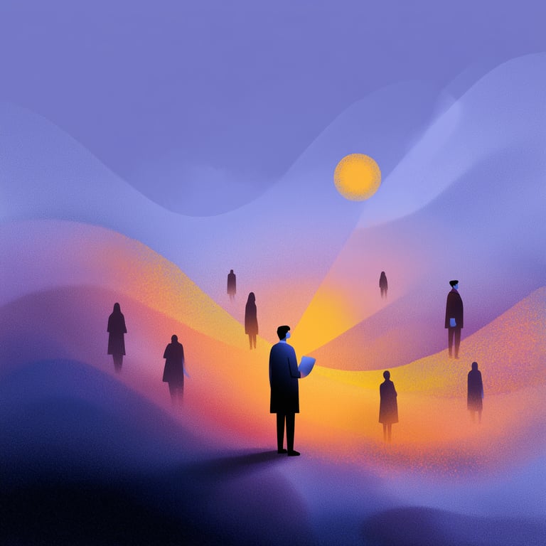 A leader reviewing insights as light reveals people and patterns across the organisation.