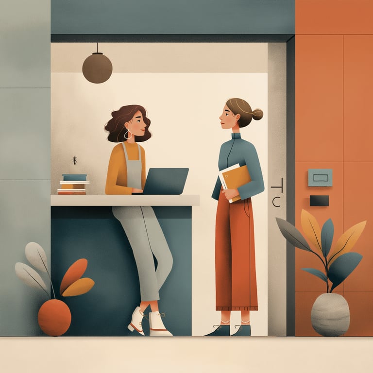 Editorial illustration of a single sign-in route opening into connected tools and an easy conversation between colleagues.