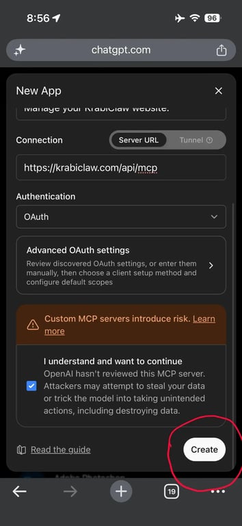 Custom MCP warning and Create button