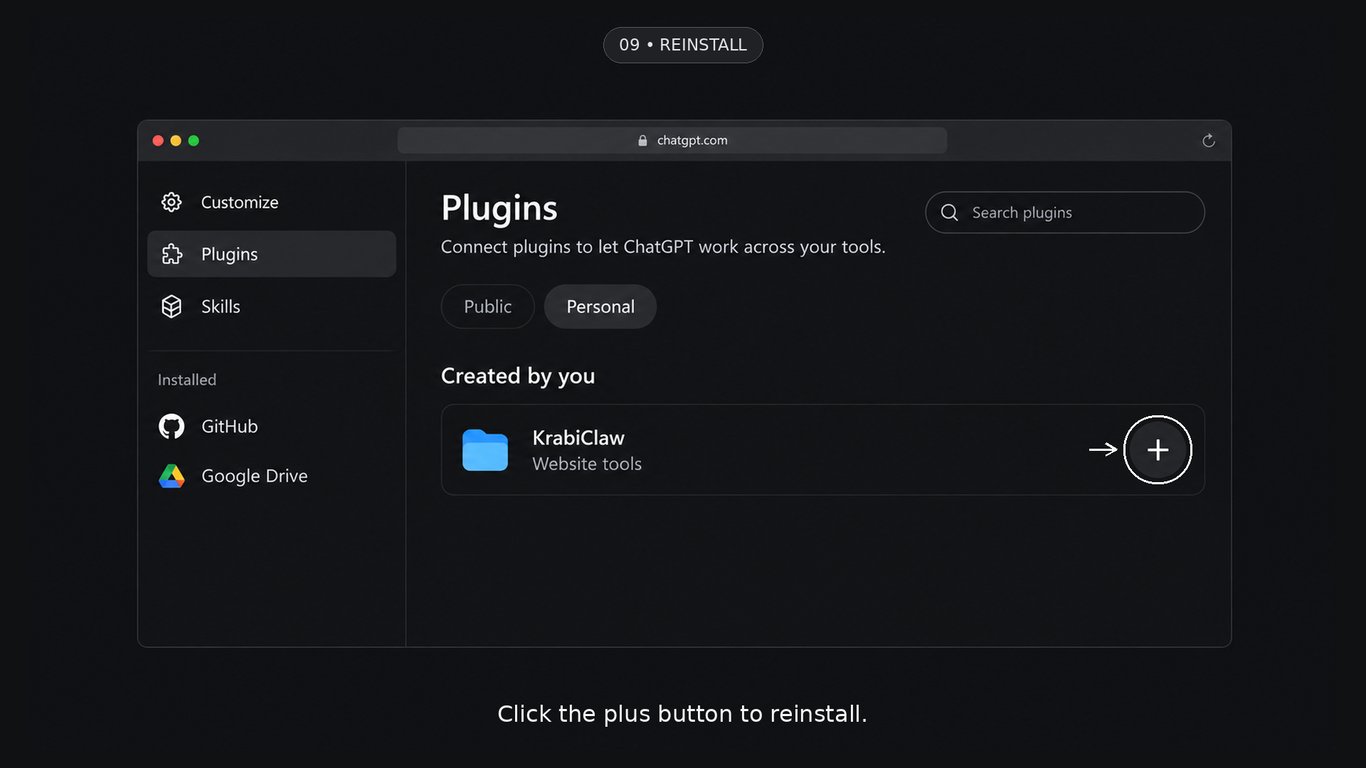 Recreated UI illustration: the plus button next to KrabiClaw in Personal plugins.