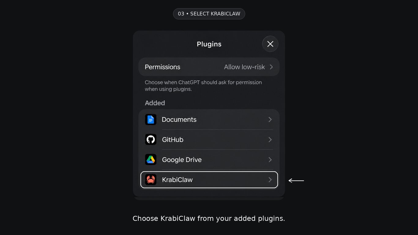 Recreated UI illustration: select KrabiClaw in the mobile Plugins Added list.