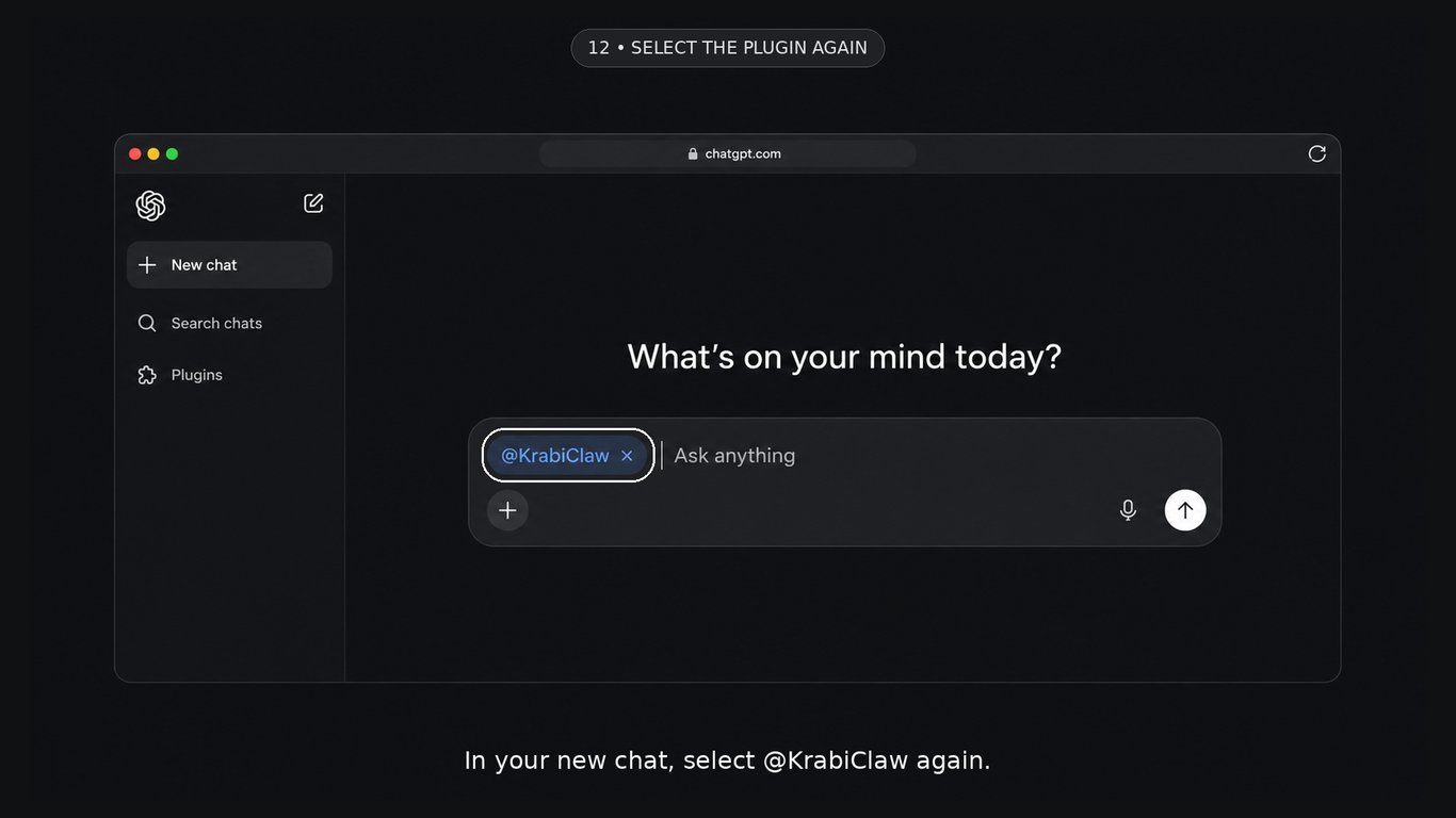 Recreated UI illustration: KrabiClaw selected in the composer of a completely new chat.