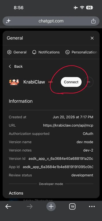 KrabiClaw app page with Connect button
