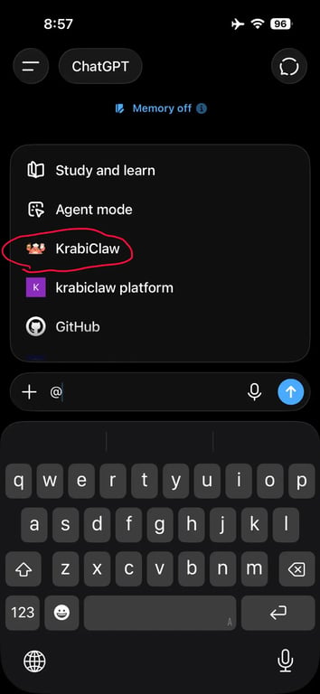 KrabiClaw plugin selected in ChatGPT