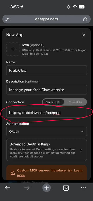 New app form with KrabiClaw MCP server URL