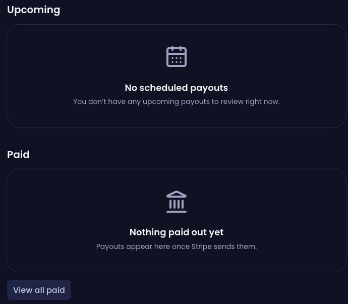 Earnings Upcoming and Paid payout sections with the View all paid button before any payouts exist.