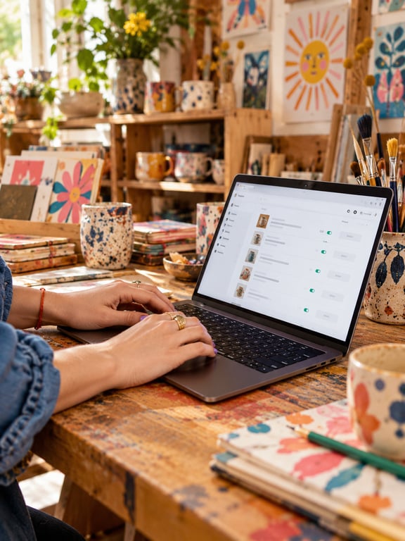 Managing a pottery business on a laptop