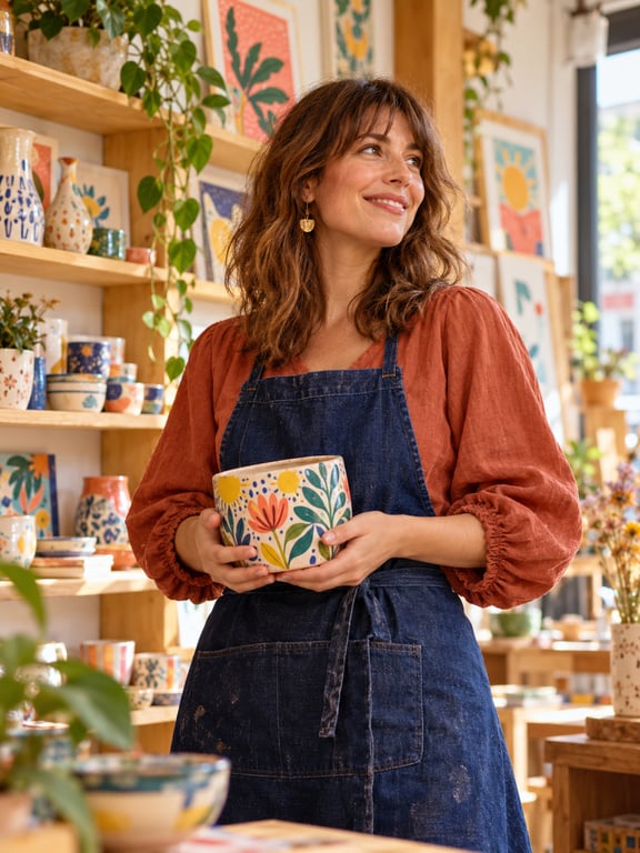 A pottery studio owner holding a handmade mug