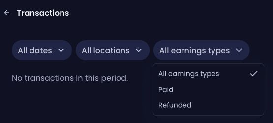 Transactions earning-type filter with Paid and Refunded options in the live demo business.