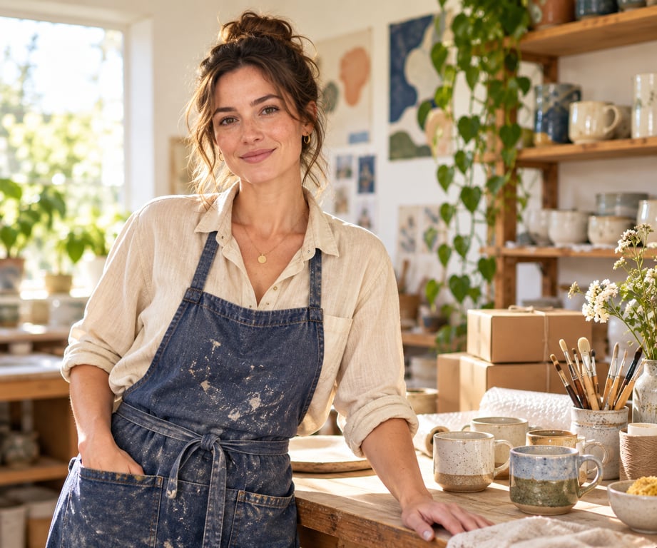 A small-business owner in her pottery studio