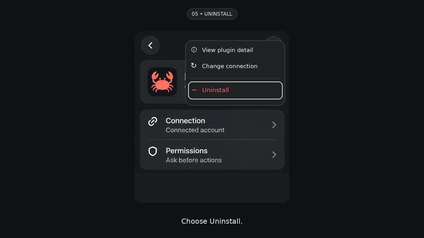 Recreated UI illustration: the KrabiClaw three-dot menu with Uninstall highlighted.