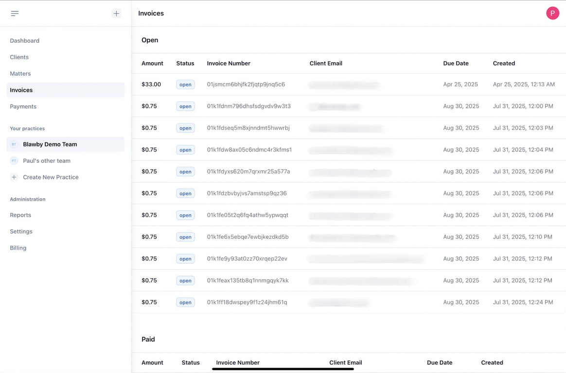 Invoice List Interface