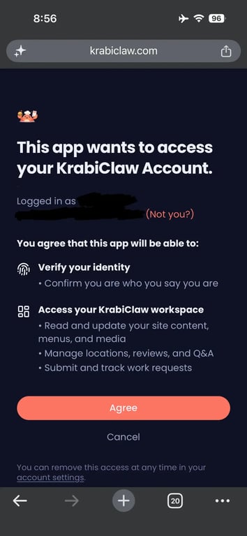 KrabiClaw account access approval screen