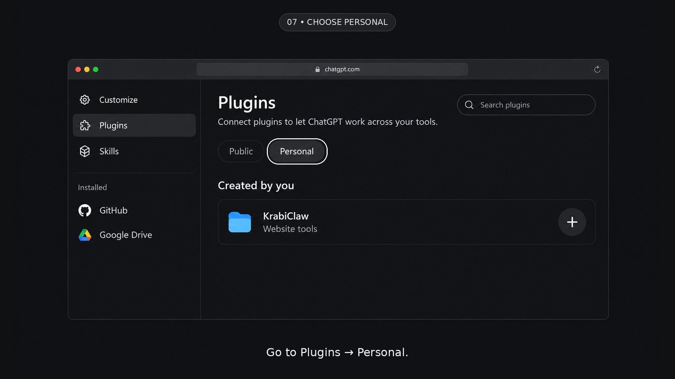 Recreated UI illustration: Plugins in a desktop or tablet browser with the Personal tab highlighted.