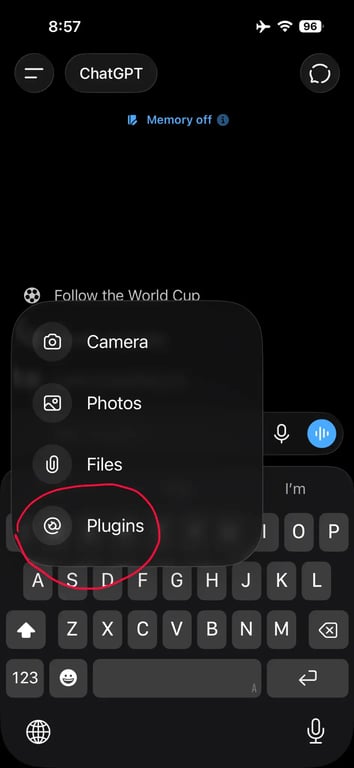 Plugins option in the ChatGPT attachment menu