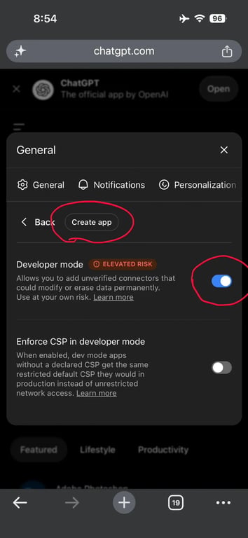 Developer mode enabled with Create app button