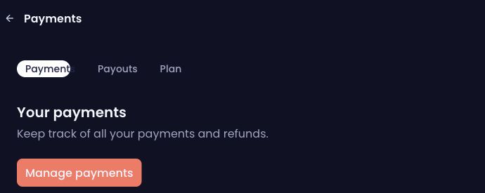 Payments page showing Your payments and the Manage payments button.