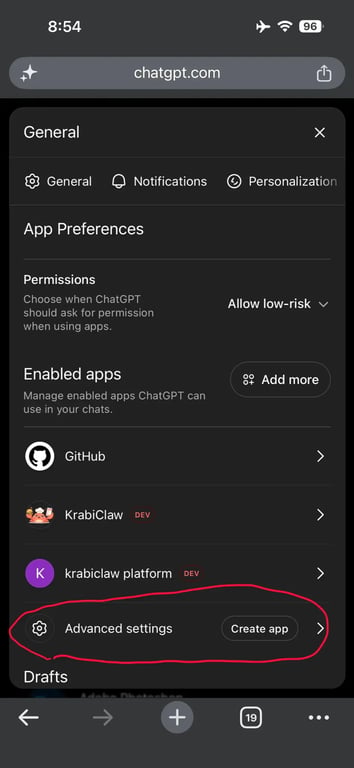 Advanced settings row in ChatGPT settings