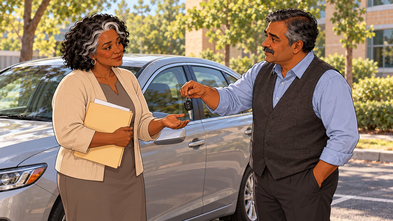 Illustration: Two adults complete a vehicle and keys handoff.