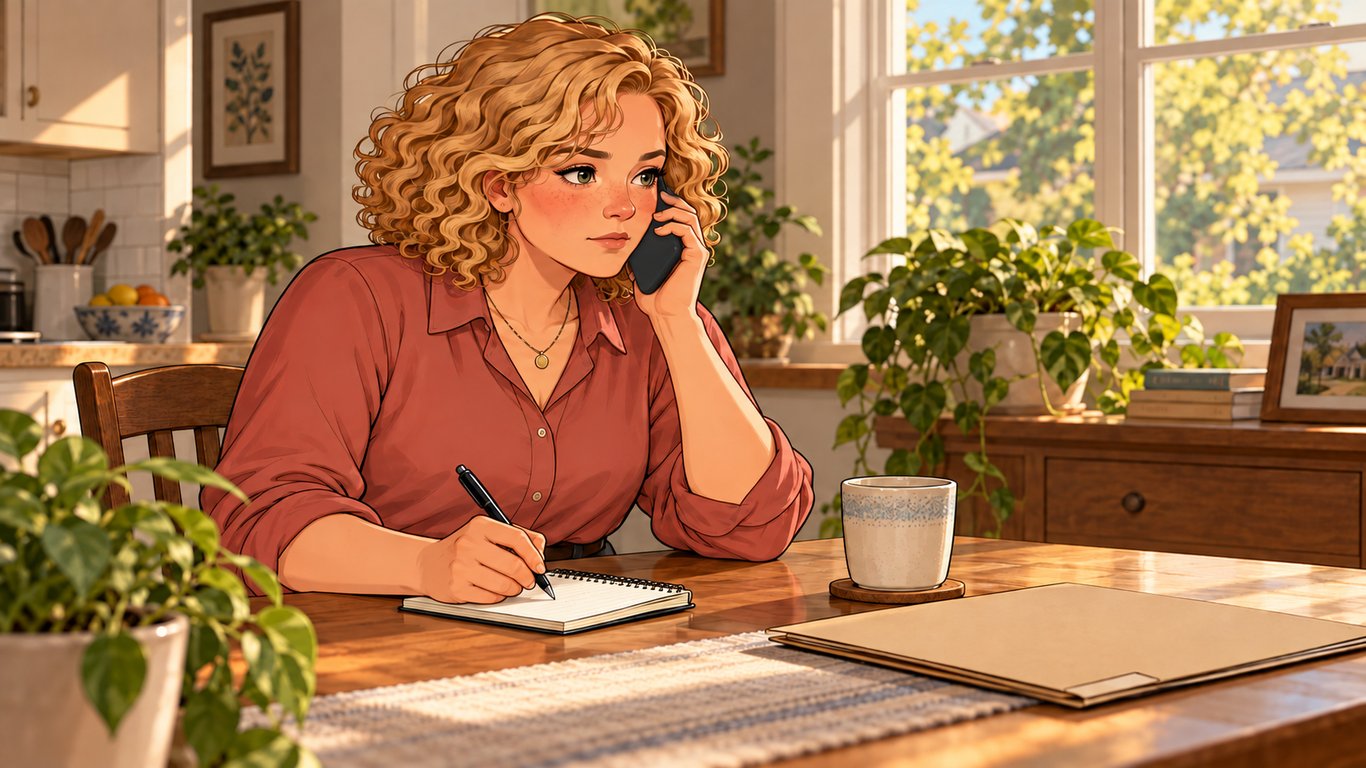 Illustration: A curly-haired woman makes a phone call at her kitchen table while writing details in a pocket notebook.