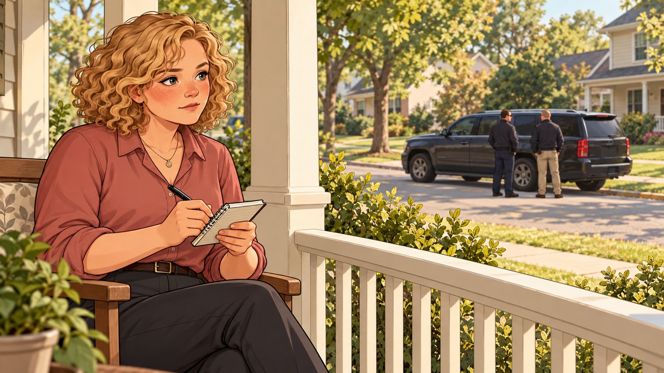 Illustration: A witness writes observations in a pocket notebook from a porch, with agents and an unmarked SUV visible across the street.