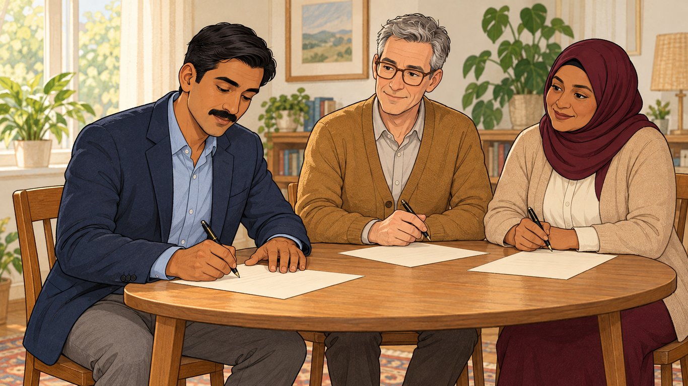 Illustration: A person signs a will at a small table while two adult witnesses watch, with pens ready for their own signatures.