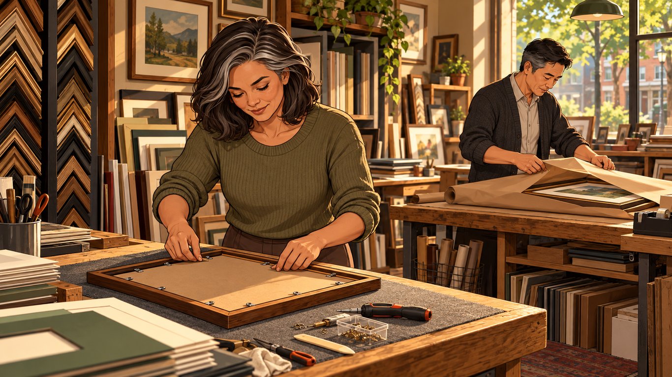 Illustration: Workers carry out everyday tasks in a framing shop.