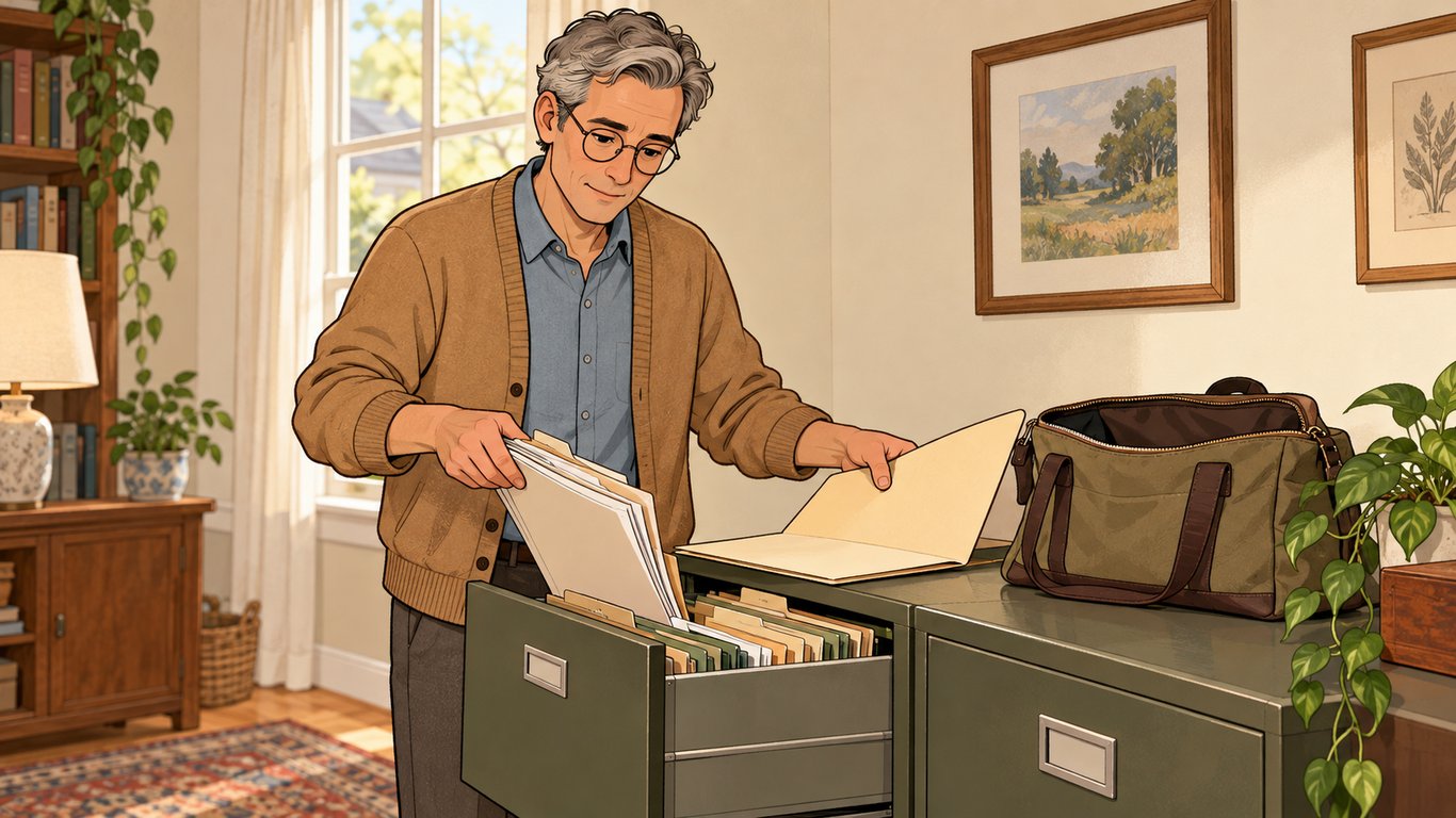 Illustration: A prospective client pulls relevant records from a home filing drawer and gathers them into one folder beside an open document bag.