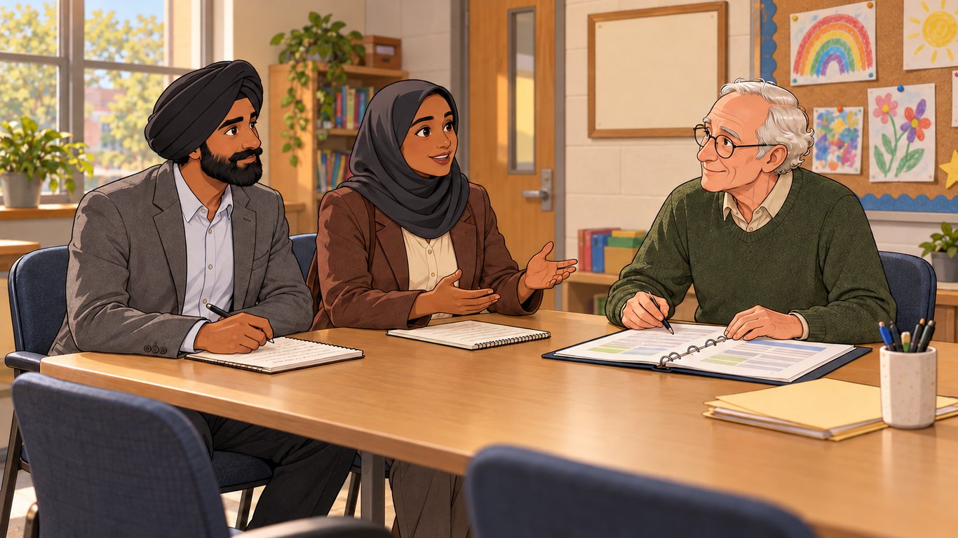 Illustration: Two parents meet with a school professional at an IEP meeting with a blank board in the room.