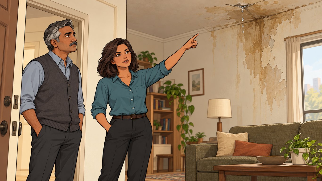 Illustration: From a dry apartment doorway, a renter points out water-stained walls and a ceiling leak to the landlord.