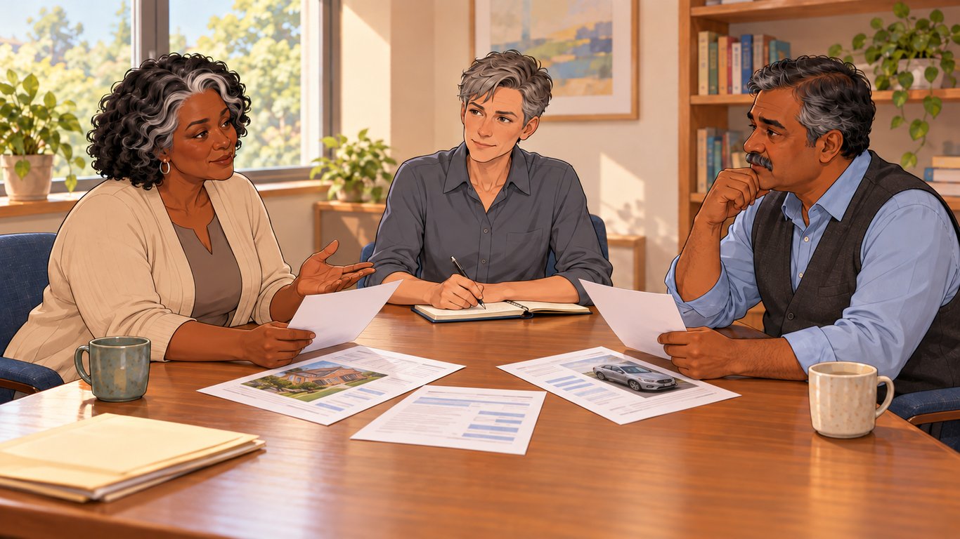 Illustration: Two adults discuss dividing property during a civil meeting.