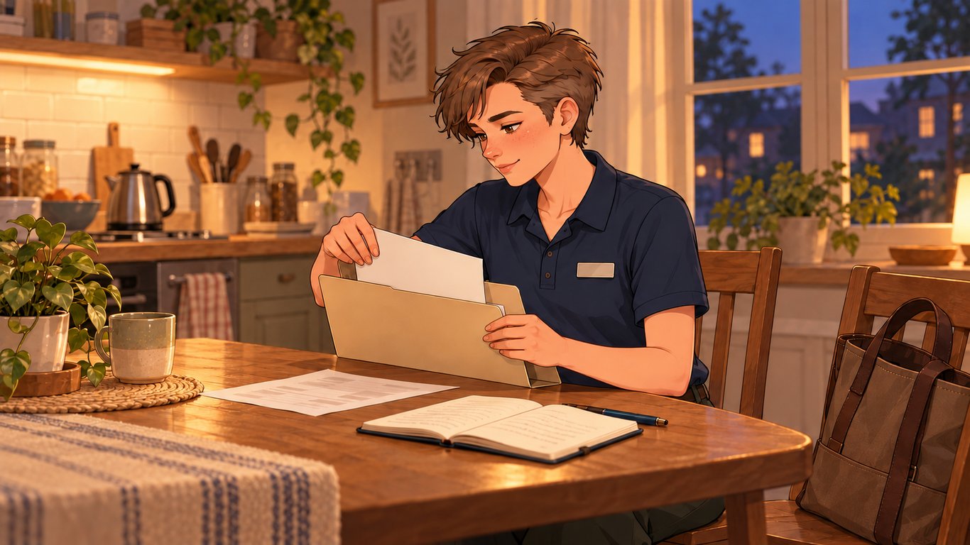 Illustration: A retail employee at a kitchen table places a paper into a personal folder beside an open notebook.