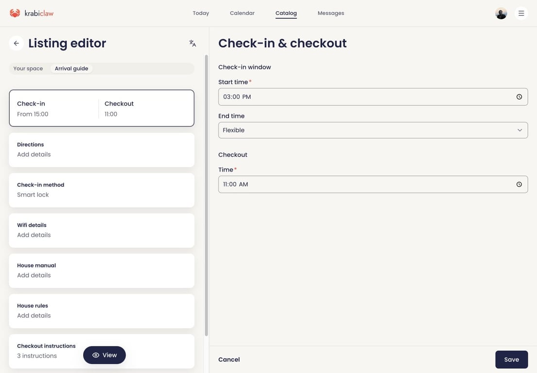 Saltleaf Stays Demo arrival-guide editor with check-in, Wi-Fi, directions and checkout sections.