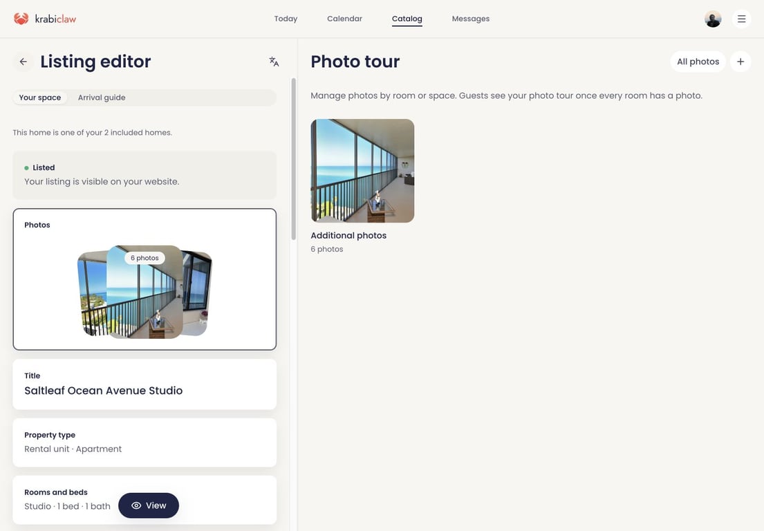 Saltleaf Stays Demo listing editor with published status, photo tour and home details.