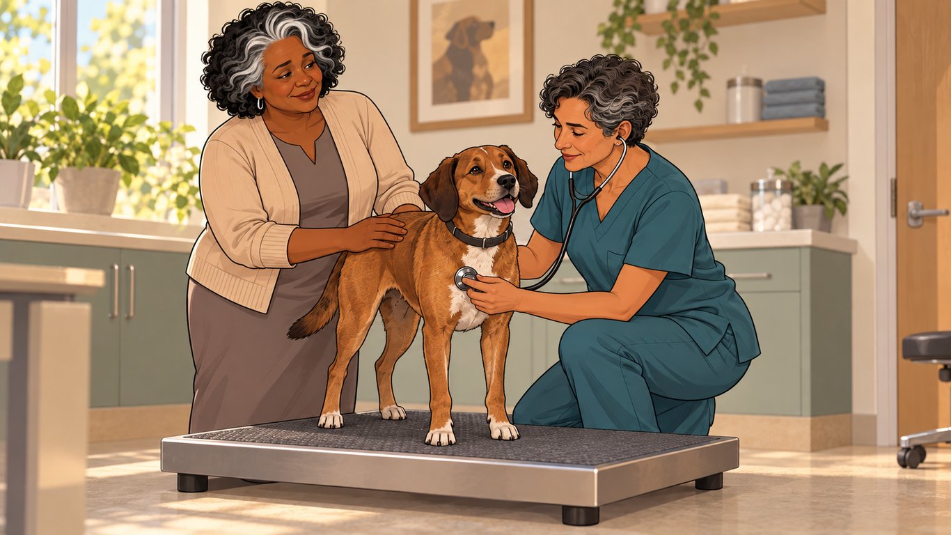 Illustration: A caregiver steadies a dog on a low veterinary examination platform while a veterinarian listens to its chest.
