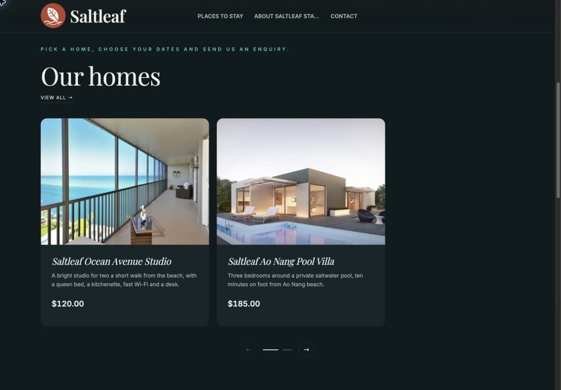 Saltleaf Stays Demo website showing its studio and pool villa home listings.