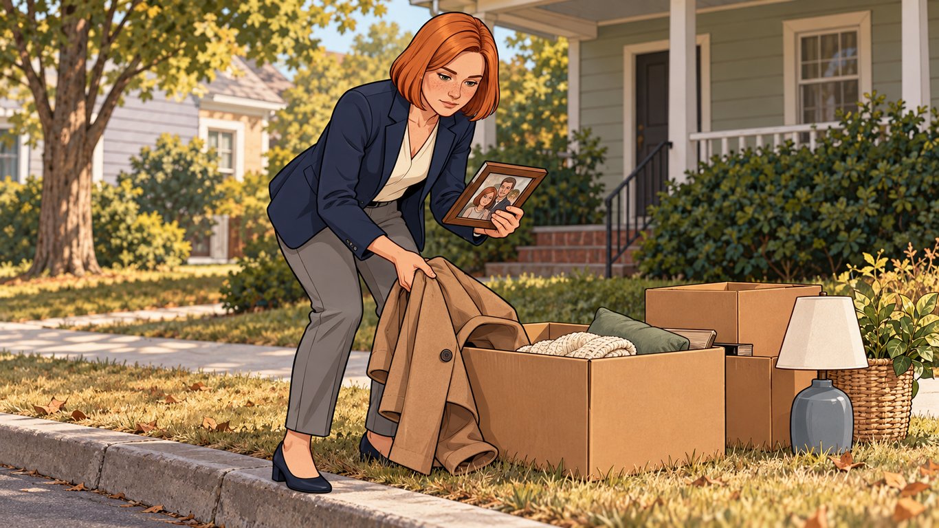 Illustration: A tenant retrieves a coat and framed photograph from belongings left at the curb outside their rental home.