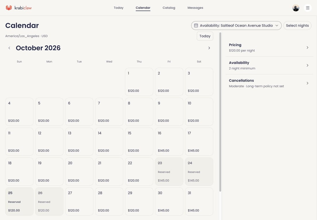 Saltleaf Stays Demo nightly calendar with home-specific rates, reserved nights and stay rules.