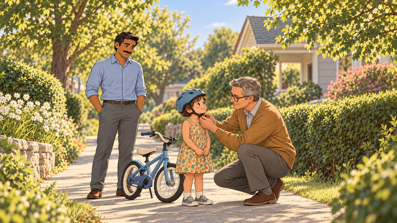 Illustration: A parent watches a trusted relative help their child fasten a bicycle helmet on a neighborhood path.