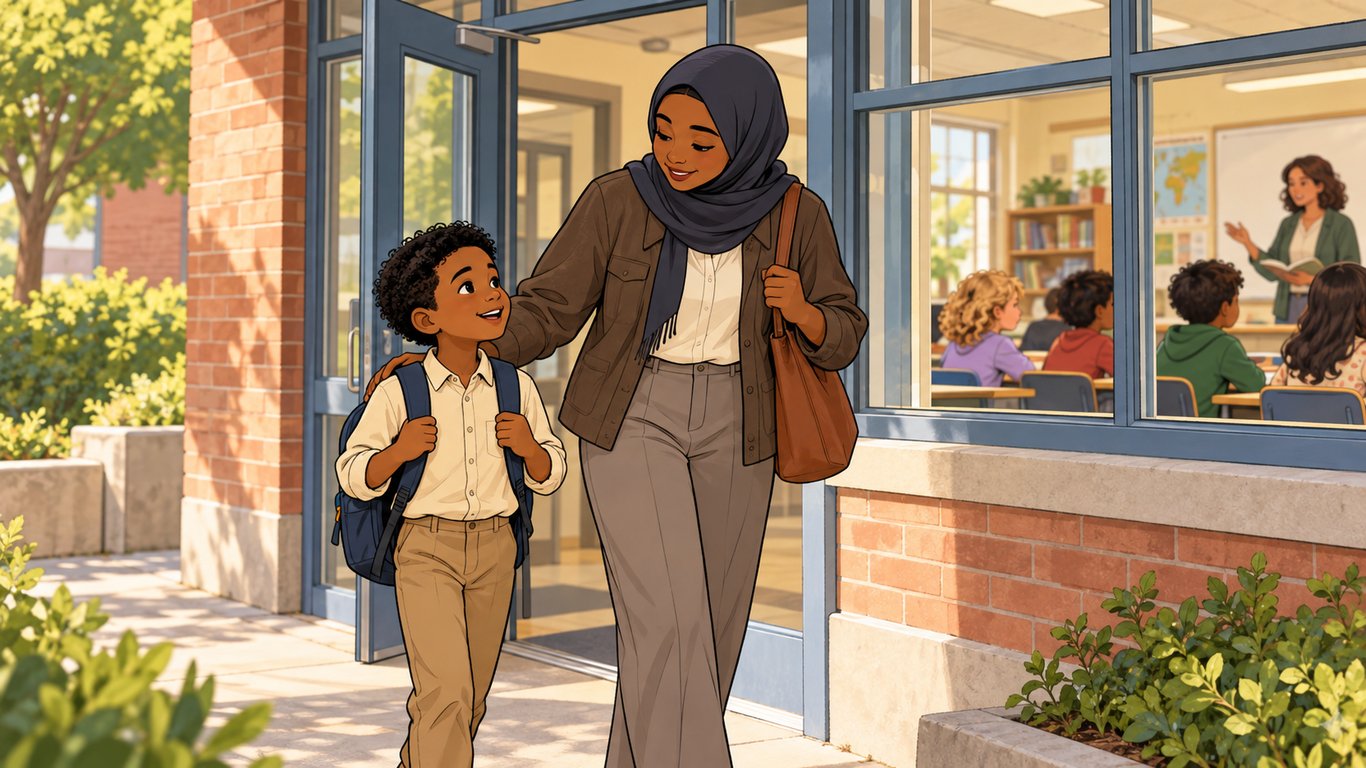 Illustration: A parent collects a child at the school entrance during the school day while classmates continue a lesson visible through a nearby window.